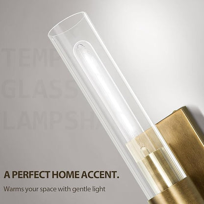 Brass and Glass Wall Sconces, 22.8" Vanity Lights for Bathroom 2 Lights, Horizontal or Vertical Linear Gold Wall Lamp, Indoor Sconces Wall Lighting, Tube Sconce for Living Room, Hallway