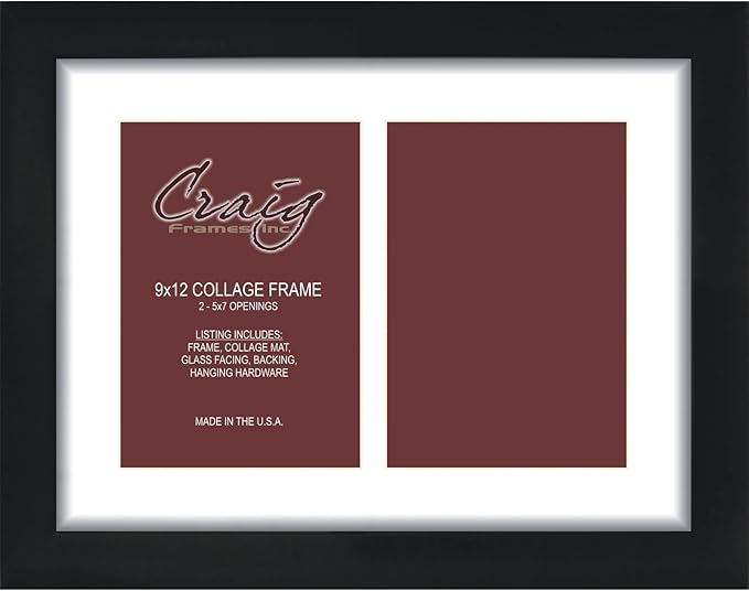 Craig Frames Contemporary, 9x12 Black Picture Frame with White Collage Mat, 2 Openings for 5x7 Prints