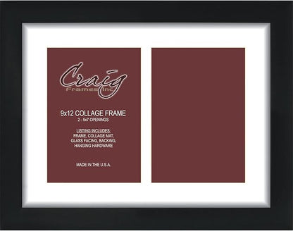 Craig Frames Contemporary, 9x12 Black Picture Frame with White Collage Mat, 2 Openings for 5x7 Prints