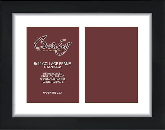 Craig Frames Contemporary, 9x12 Black Picture Frame with White Collage Mat, 2 Openings for 5x7 Prints