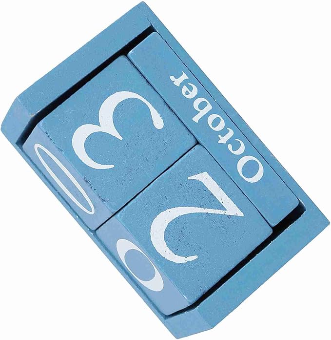 Perpetual Wooden Block Calendar, Desktop Vintage Style Mini Month Date Time Display, Home Office Decoration with 2pcs Dices, Blue, Black Wood with 12 Month Blocks (Blue)