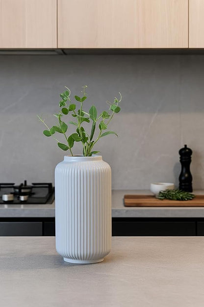 White Ceramic Flower Vase, 8 Inch Ribbed Vase for Pampas Grass, Fresh or Dried Flowers, Decorative Centerpiece for Living Room, Kitchen, Bookshelf, Office Decor