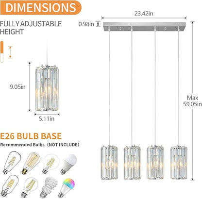 Chrome Pendant Lighting Modern Pendant Light, Mini Crystal Chandeliers,Adjustable Pendant Light Fixture for Kitchen Island Dinning Room Corridor Bedroom(Gold 4-Light)