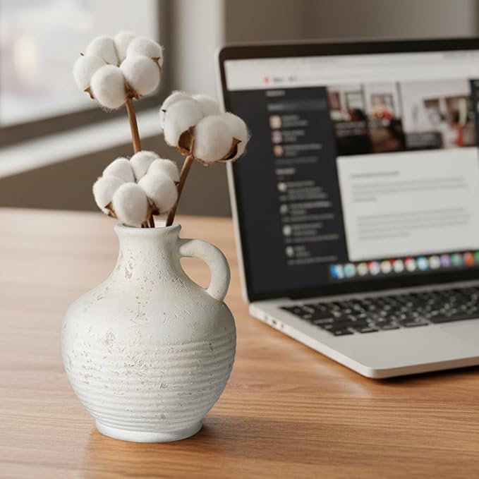 Sunddo White Ceramic Vase with Handles, Rustic Farmhouse Terracotta Small Vase, Pottery Decorative Flower for Home Decor, Table, Living Room, Bathroom, Shelf, Mantel Decor
