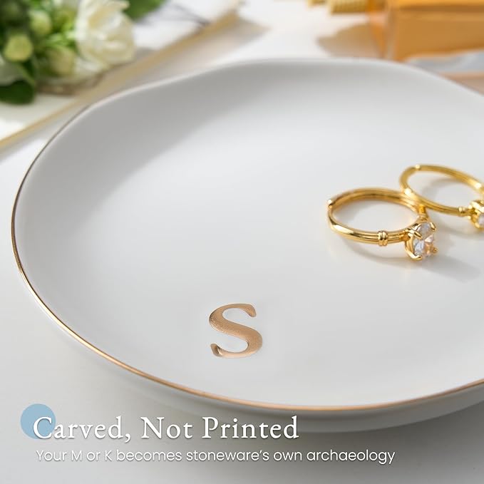 Lolalet Handmade Ceramic Ring Dish Jewelry Tray Plate with Initial, Small Monogram Gift for Her Women Girls Mother, Hostess, Engagement, Bridal Shower, Maid of Honor, Bridesmaid, Birthday, Christmas