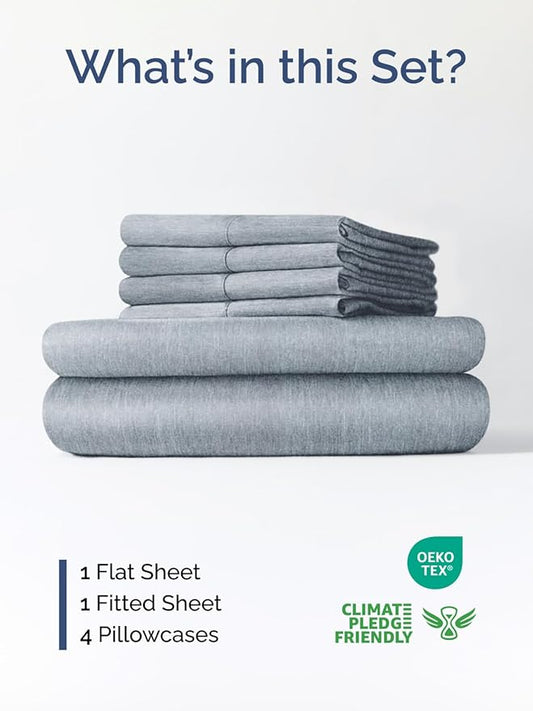Extra Deep Queen Sheet Set - 6 Piece Breathable and Cooling Sheets - Hotel Luxury Bed Sheets Set - Easy Fit - Soft, Wrinkle Free and Comfy Sheets Set - Heathered Blue Sheet Set with Extra Deep Pockets