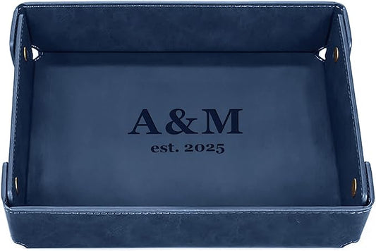 Engraved PU Leather Valet Tray for Couples – Personalized Catchall with Custom Name – Organizer for Keys, Wallet, Jewelry – Romantic Gift – Blue