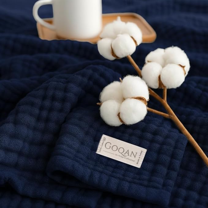 Goqan Muslin Blanket King Size 90x108 – 100% Turkish Cotton 4 Layer Boho Muslin Blanket for Adults, Four Season, Lightweight and Thin, Soft, Breathable for Bed, Couch - Navy