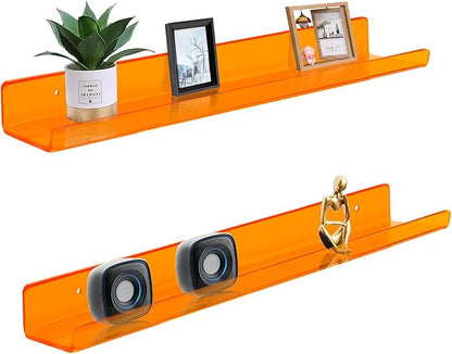 ROYALITA 24 Inches Acrylic Floating Book Shelves Wall Mounted Set of 2, Wall Hanging Plant Display Shelves, Room Decor Floating Wall Shelves for Gaming Room, Bedroom, Living Room, Office, Orange