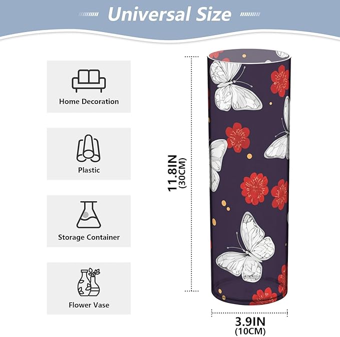White Butterflies Flower Vase 3.9" x 11.8" Modern Cylinder Acrylic Vases for Table Centerpiece Kitchen Home Shelf Office Decor
