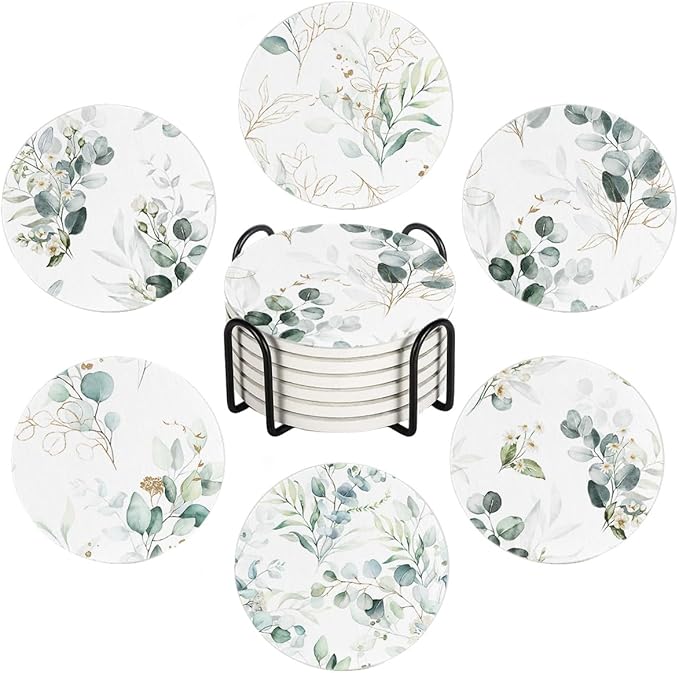 6Pcs Drink Coasters with Holder, Watercolor Green Eucalyptus Leaves Absorbent Ceramic Drink Coaster with Cork Base, Home Bar Table & Office Decor House Warming Gift