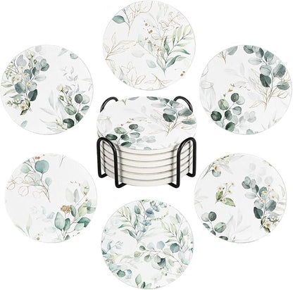 6Pcs Drink Coasters with Holder, Watercolor Green Eucalyptus Leaves Absorbent Ceramic Drink Coaster with Cork Base, Home Bar Table & Office Decor House Warming Gift