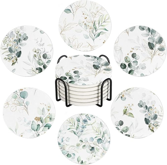 6Pcs Drink Coasters with Holder, Watercolor Green Eucalyptus Leaves Absorbent Ceramic Drink Coaster with Cork Base, Home Bar Table & Office Decor House Warming Gift