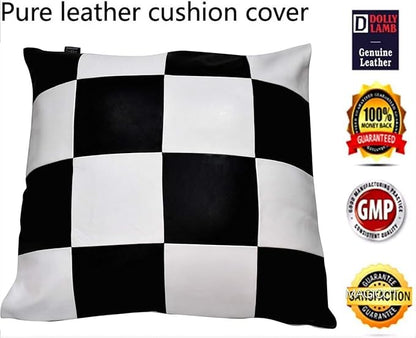 D DOLLY LAMB Lambskin Leather Pillow Cover - Sofa Cushion Case - Decorative Throw Covers for Living Room & Bedroom, 18x18 Inches - Check White & Black Pack of 1