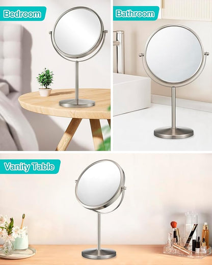 ALHAKIN 1X/15X Magnifying Makeup Mirror, Double Sided Mirror with Stand, Tabletop Desk Mirror 360°Rotation for Bathroom, Nickel