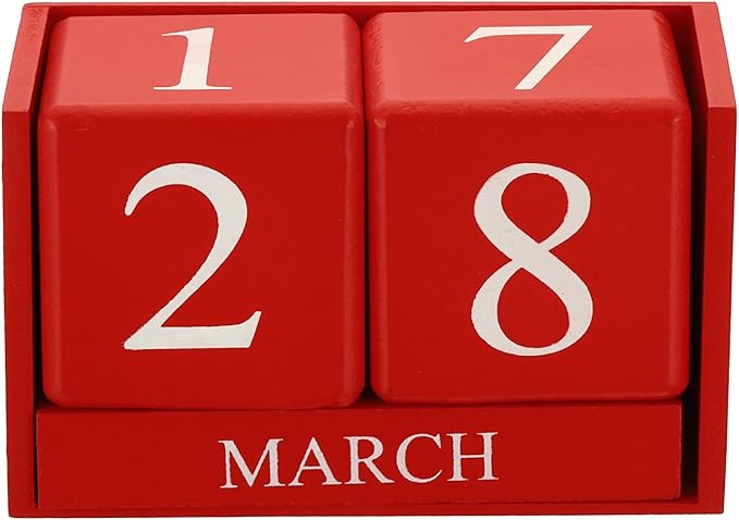 PATIKIL Vintage Wood Block Perpetual Calendar, Reusable Wooden Month Date Display Blocks for Desk Office Home Decoration 6.1", Red