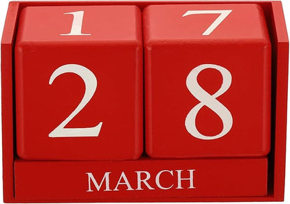 PATIKIL Vintage Wood Block Perpetual Calendar, Reusable Wooden Month Date Display Blocks for Desk Office Home Decoration 6.1", Red