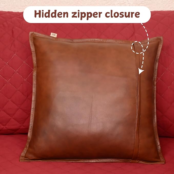 Lambskin Leather Pillow Cover - Sofa Cushion Case - Decorative Throw Covers for Living Room & Bedroom, 16x16 Inches - Dark Tan Box Pack of 2