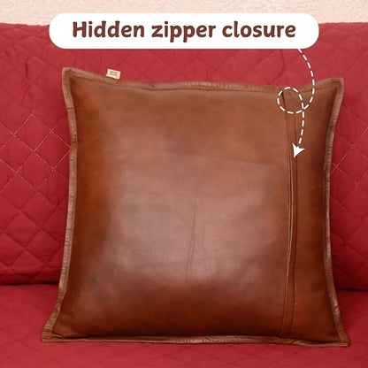 Lambskin Leather Pillow Cover - Sofa Cushion Case - Decorative Throw Covers for Living Room & Bedroom, 18x18 Inches - Dark Tan Box Pack of 1
