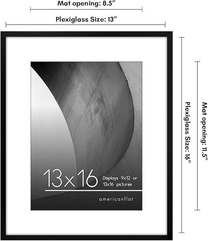 Americanflat 13x16 Picture Frame with Polished Plexiglass - Use as 9x12 Frame with Mat or Display 13x16 Photo Without Mat - Streamline Collection - Thin Border Picture Frames for Wall - Black
