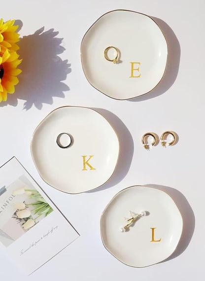 Ceramic Jewelry Tray Initial Ring Dish Personalized G-Monogrammed Engagement Wedding Gifts, for Birthday Mother's Day Christmas for Women, Ceramic White 4.75" (V)