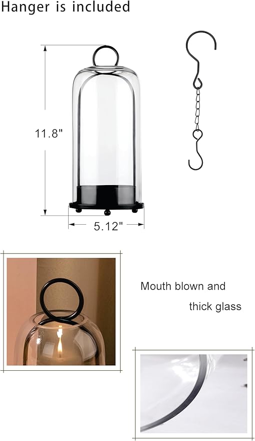 12" High Versatile Modern Metal Hurricane Lantern with Handmade Sturdy Glass Dome in Black for Pillar Candle & Plants, for Living Room, Porch, Mantel Decoration (Black, 5"x12")