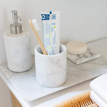 Natural Marble Pencil Pen Holder Stand for Desk, Makeup Brush Cup for Girls, Bathroom Tumbler Cup, Durable Office & Home Organizer Pencil Holder (White)