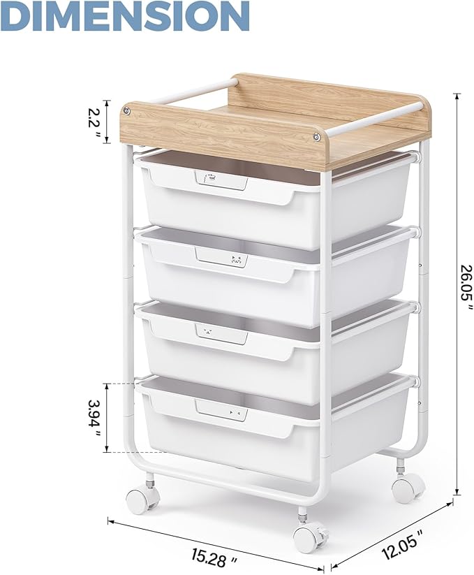 Rolling Storage Utility Cart With 4 Drawers,Kids Craft Art Cart,Makeup Organizer And Storage with Wooden Tabletop,White