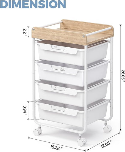 Rolling Storage Utility Cart With 4 Drawers,Kids Craft Art Cart,Makeup Organizer And Storage with Wooden Tabletop,White
