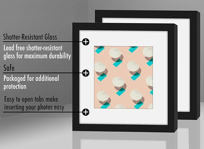 Americanflat 6x6 Picture Frame with Shatter-Resistant Glass - Set of 2 - Use as 4x4 Frame with Mat or Display 6x6 Photo Without Mat - Streamline Collection - Square Frames for Tabletop or Wall - Black
