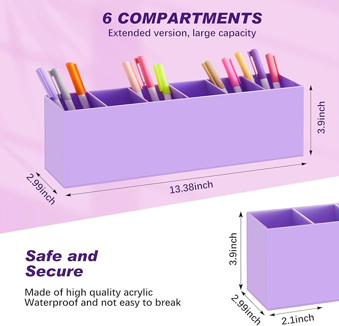 Jetec Acrylic Pen Holder 6 Compartments Makeup Brush Stationery Organizer Pencil Holder for Desk Accessories, Cosmetic Brushes, Dorm, Home, Bathroom, Kitchen, Office Supplies(Purple)