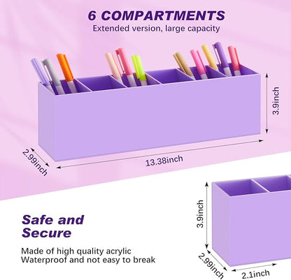 Jetec Acrylic Pen Holder 6 Compartments Makeup Brush Stationery Organizer Pencil Holder for Desk Accessories, Cosmetic Brushes, Dorm, Home, Bathroom, Kitchen, Office Supplies(Purple)