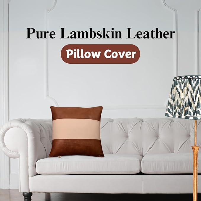 Lambskin Leather Pillow Cover - Sofa Cushion Case - Decorative Throw Covers for Living Room & Bedroom, 22x22 Inches - Tan & Off - White Plain Pack of 1