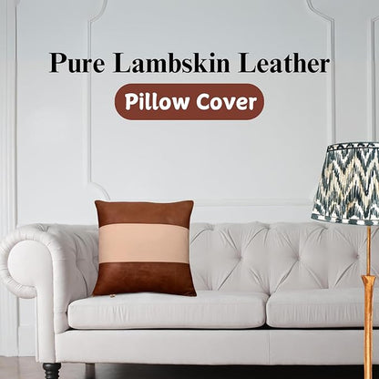 Lambskin Leather Pillow Cover - Sofa Cushion Case - Decorative Throw Covers for Living Room & Bedroom, 22x22 Inches - Tan & Off - White Plain Pack of 1