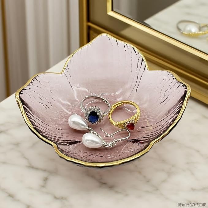 Small Flower Ring Dish Jewelry Tray, Pink Glass Jewelry Dish Tray, Nightstand Decor Jewlery Plate, Gifts for Mom, Crystal Ring Holder for Women, Bathroom Jewelry Bowl Trinket Tray Soap Dish