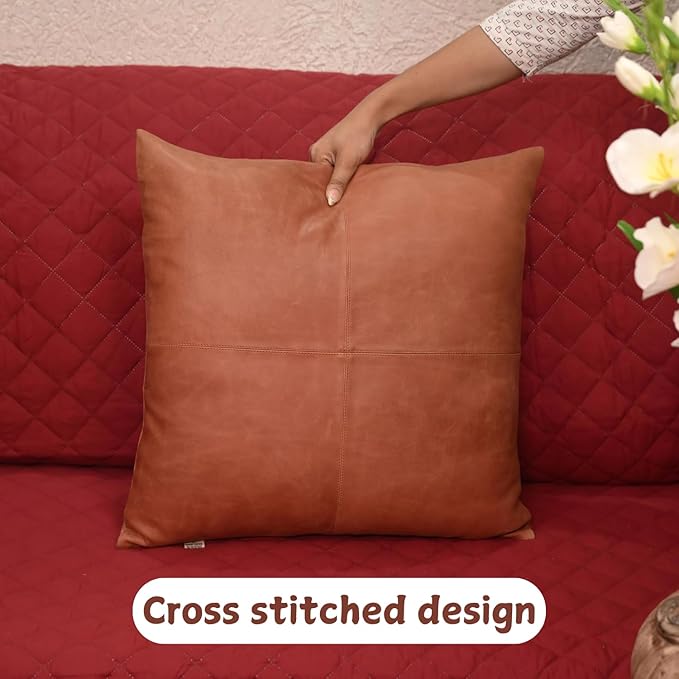 Lambskin Leather Pillow Cover - Sofa Cushion Case - Decorative Throw Covers for Living Room & Bedroom, 18x18 Inches - Orange Crunch Plain Pack of 1