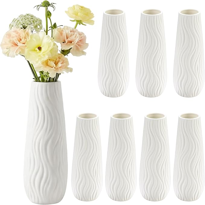 Qinyoung White Ceramic Bud Vase Set of 8, 8'' Small White Flower Vase for Centerpieces Floral Decor for Wedding Party Dining Table Home Decoration (Modern)