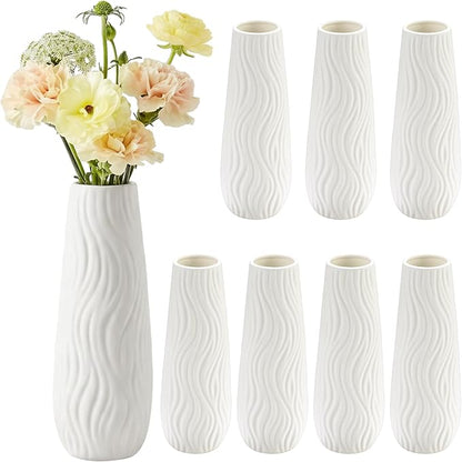 Qinyoung White Ceramic Bud Vase Set of 8, 8'' Small White Flower Vase for Centerpieces Floral Decor for Wedding Party Dining Table Home Decoration (Modern)
