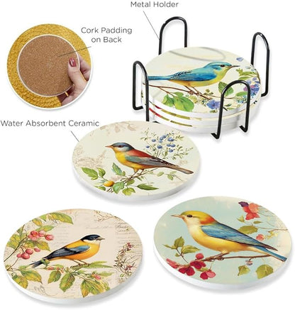 6Pcs Drink Coasters with Holder, Vintage Spring Birds Floral Absorbent Ceramic Drink Coaster with Cork Base, Home Bar Table & Office Decor House Warming Gift