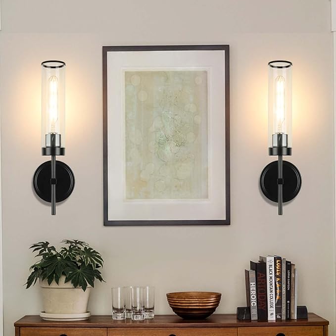 Wall Sconces Set of Two,Black Modern Wall Lighting 16" Bathroom Sconces Wall Lighting 60W with Clear Glass Shade for Living Room Corridor Mirror Bedroom Stairs
