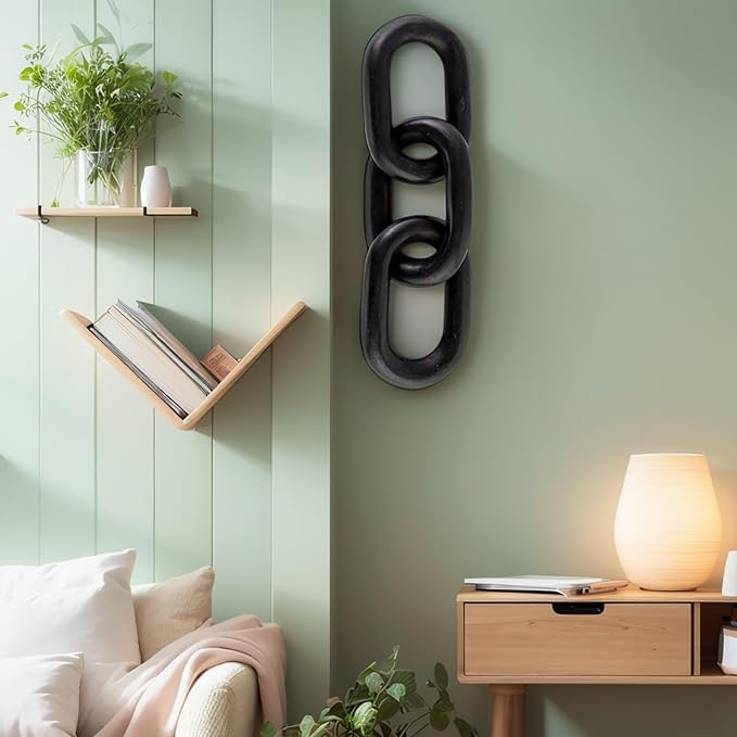 Wood Knot Decor, 3 Link Boho Wooden Chain Link Decor,Modern Rustic Home Decorations for Book Shelf Fireplace Coffee Table Living Room Décor (Black)