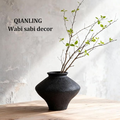 Wabi Sabi Vintage Black Vase, 6.1" Tall Wabi Sabi Decor Rustic Farmhouse Pottery Vase for Centerpiece, Textured Pottery Flower Vases for Home Decorative, Table, Living Room, Bedroom, Bathroom, Kitchen