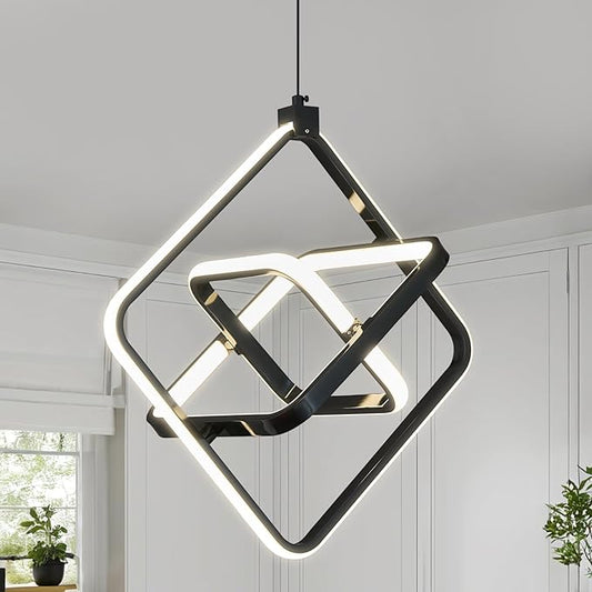 Modern LED Pendant Light Black Pendant Lights 4000K 35W Dimmable External Glow Height Adjustable Pendant Lighting Rectangle Chandelier for Kitchen Island Dining Room Bedroom Foyer（3-Ring）