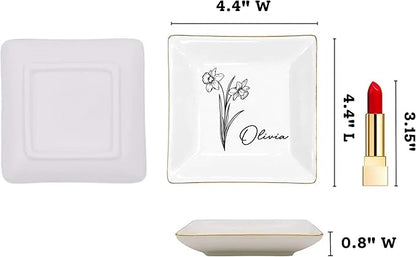 Gossby Personalized Jewelry Tray - Gift for Women Mom Friend with Birth Month Flower Name - Ceramic Trinket Tray Dish Plate for Ring Earring Bracelet - Gift Mothers Day Birthday Christmas V5