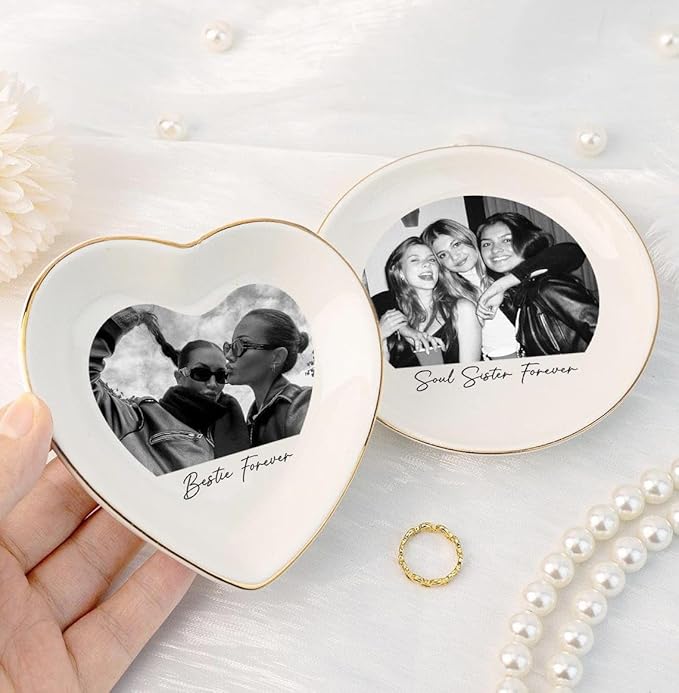 Chillever Personalized Besties Photo Ring Dish, Custom Jewelry Dish Gift for Besties, Soul Sister Trinket Gift for Long Distance Friendship Women BFF Christmas Birthday Wedding Gifts DS1