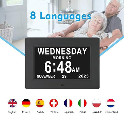 7 Inch Extra Large Day Date Time Digital Day Calendar Clock with Auto-Dimming 12 Alarm Reminders Dementia Clocks for Senior Elderly impaired Vision Memory Loss