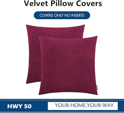 HWY 50 Wine Red Velvet Throw Pillow Covers 18x18 Inch, Pack of 2 Soft Cozy Solid Decorative Luxury Cushion Cases for Couch Sofa Bed Living Room Bedroom