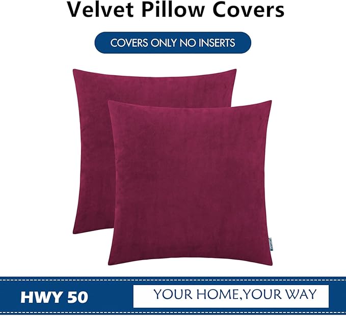 HWY 50 Wine Red Velvet Throw Pillow Covers 16x16 Inch, Pack of 2 Soft Cozy Solid Decorative Luxury Cushion Cases for Couch Sofa Bed Living Room Bedroom