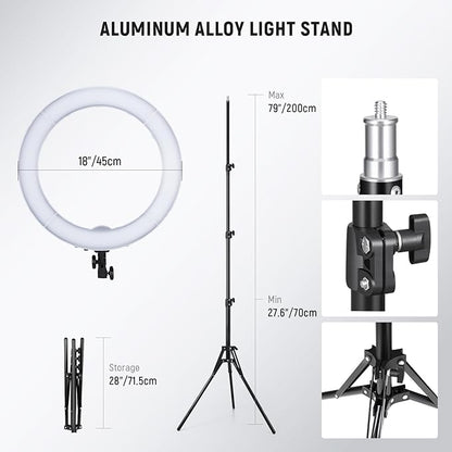 NEEWER 55W 18"/45cm Ring Light Kit [New Version], 5600K Dimmable LED Ringlight Tripod Stand Phone Holder for iPhone Selfie Makeup Lash Tattoo Studio Photo Video Recording Photography Lighting, RL-18