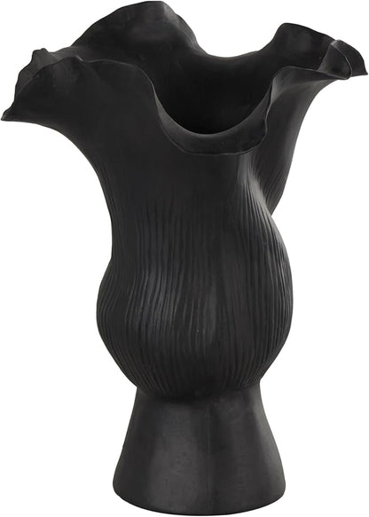 Deco 79 Ceramic Abstract Floral Inspired Vase with Wavy Folded Rim and Linear Grooves, 8" x 7" x 11", Black